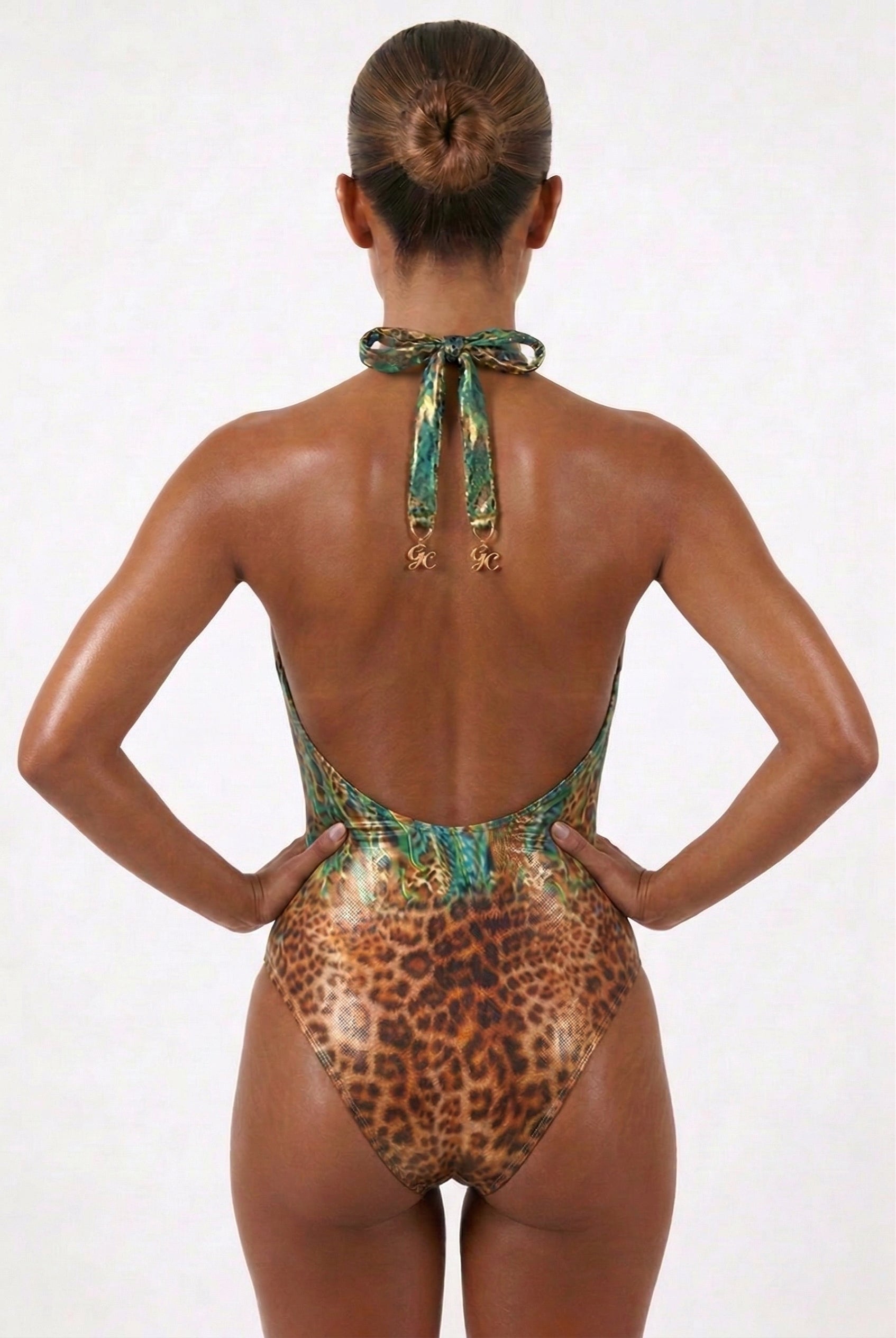 Jungle Fever-Emerald/Leopard V-Neck Swimsuit